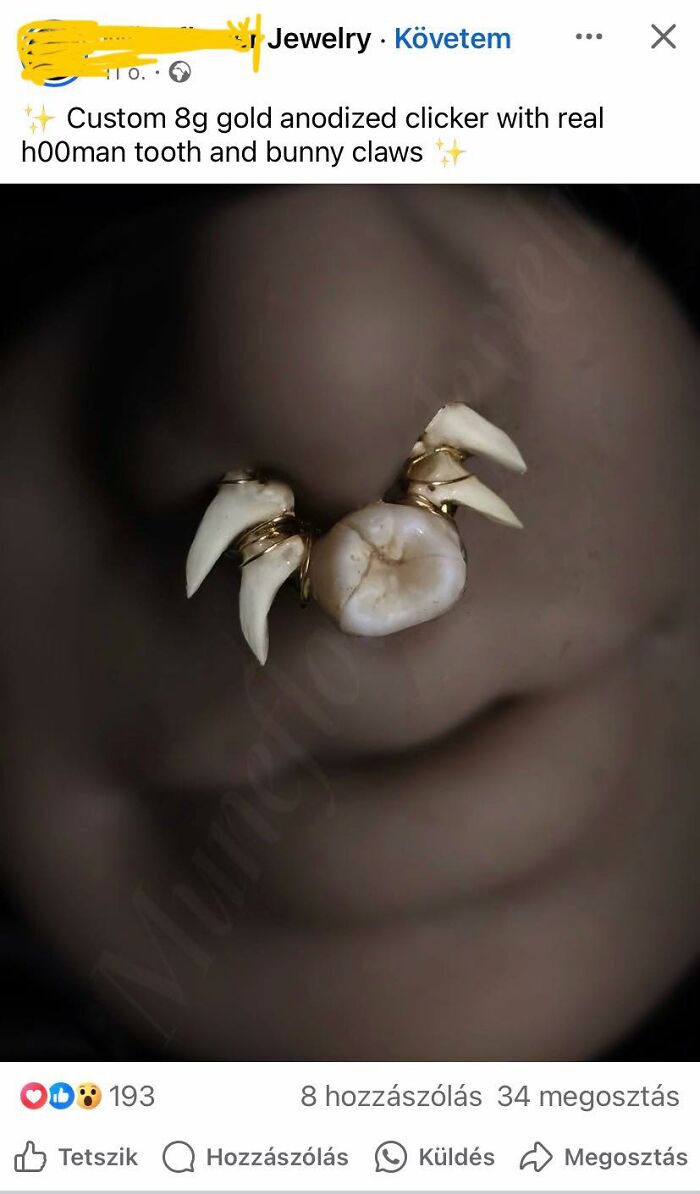 Custom gold nose ring featuring a human tooth and bunny claws, an example of horrible crafts shamed by netizens.