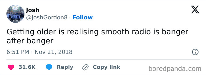 Screenshot of a humorous tweet about aging and smooth radio, illustrating funny memes to help decompress life stress.