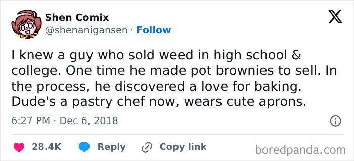 Tweet by Shen Comix sharing a feel-good story about a guy finding a love for baking and becoming a pastry chef.