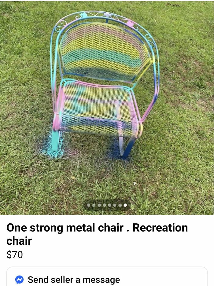 Colorfully spray-painted metal chair on grass, showcasing a DIY project that fits craft shaming and horrendous DIY projects.