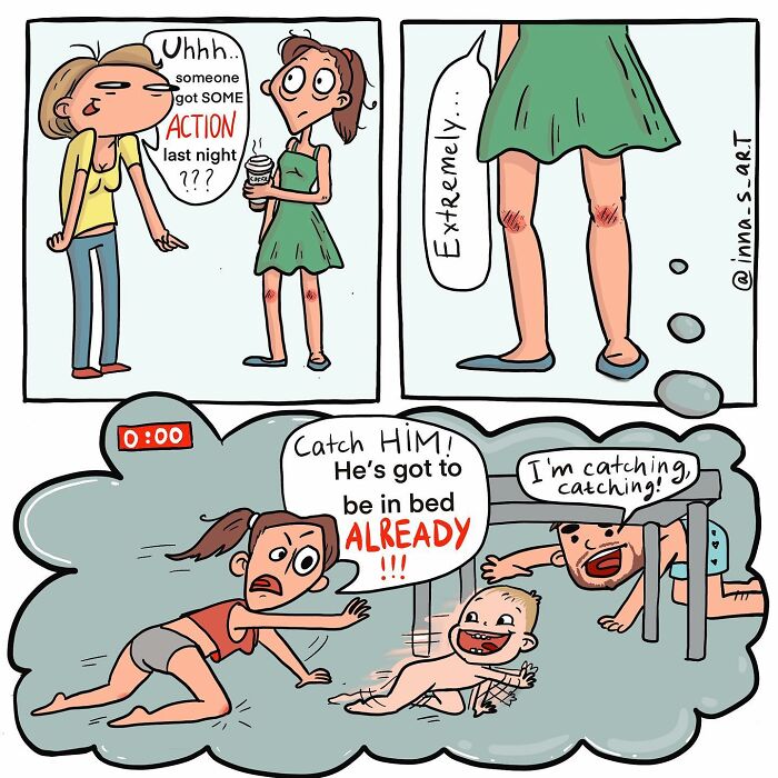 Comic strip showing chaotic parenthood with tired mom and playful kids, capturing the humor of viral mom comics.