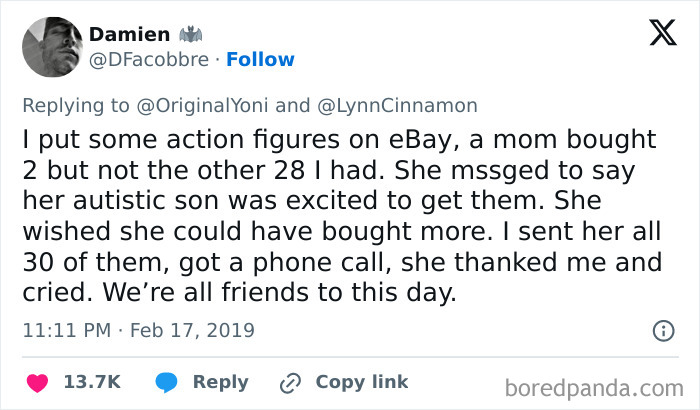 Tweet sharing a wholesome story about kindness involving action figures and a grateful autistic child, restoring faith in humanity.