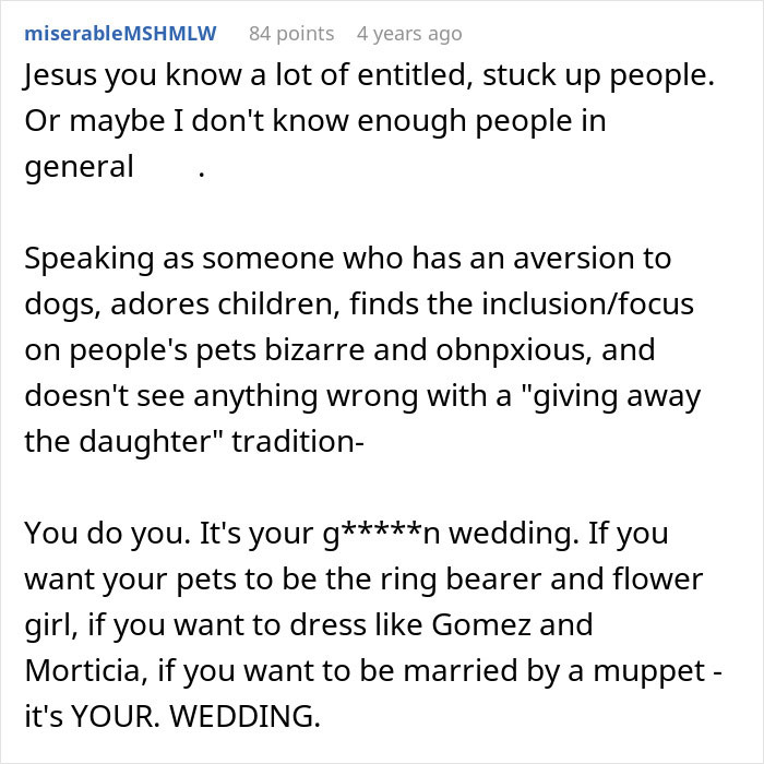 Bride holding pets at wedding ceremony, replacing kids with animals, causing parents to freak out.