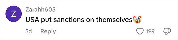 Comment on social media discussing USA sanctions with emoji, related to Chinese stores dropping US products topic.