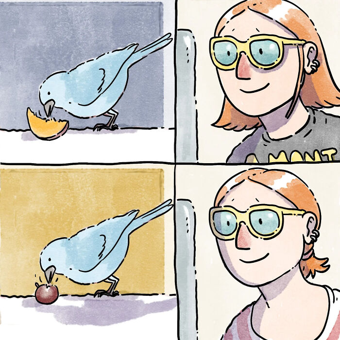 Illustration from wordless comics showing a person and a bird, capturing life with a dog and cat in heartfelt moments.