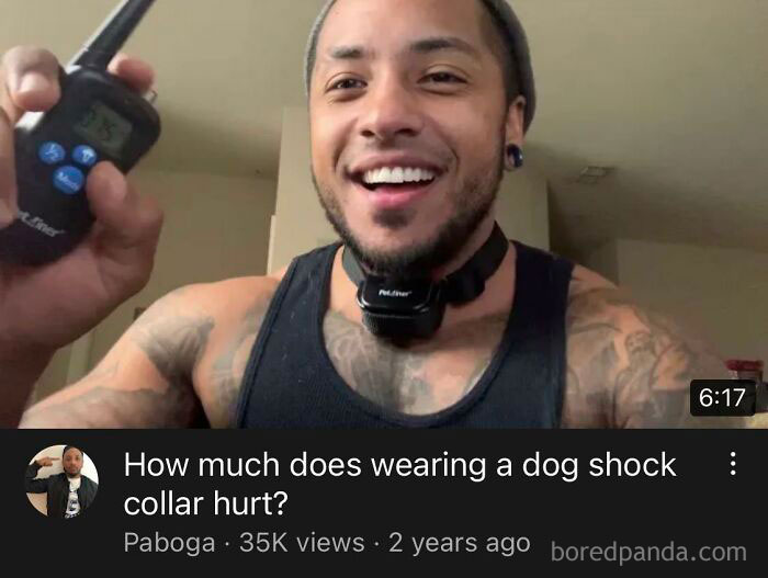 Man testing a dog shock collar, illustrating men doing dumb things that explain why women live longer.