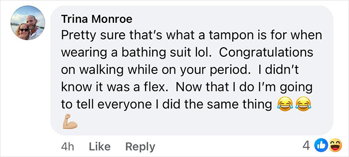 Comment mocking an Olympic star bragging about walking a runway while on her period with laughing emojis and flexed arm emoji. Comment mocking an Olympic star bragging about walking a runway while on her period with laughing emojis and flexed arm emoji.