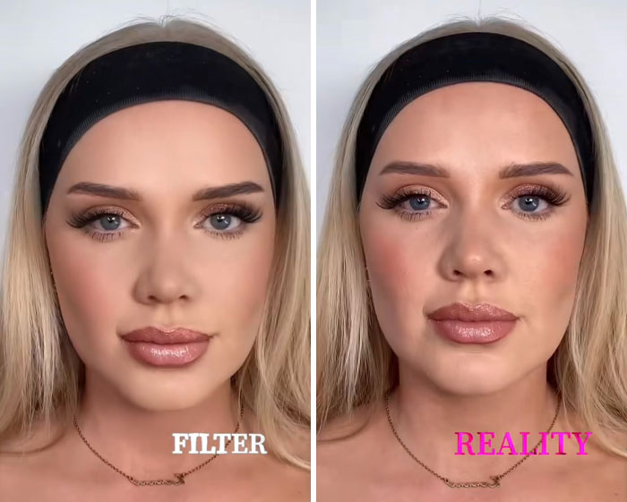 Woman showing difference in appearance with filters versus reality, highlighting filter vs no filter comparison on face.