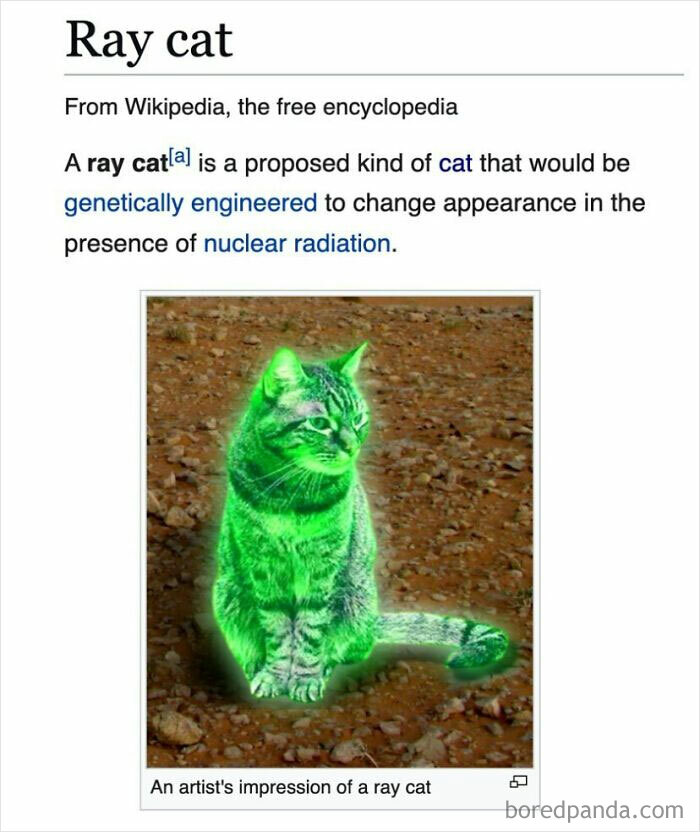 A Wikipedia snippet showing a glowing green ray cat, from funny and interesting random Wikipedia articles.