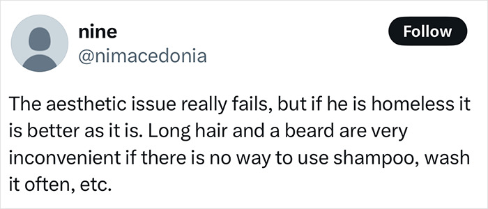 Tweet discussing a homeless man's makeover with opinions on hair care challenges and potential model appearance.