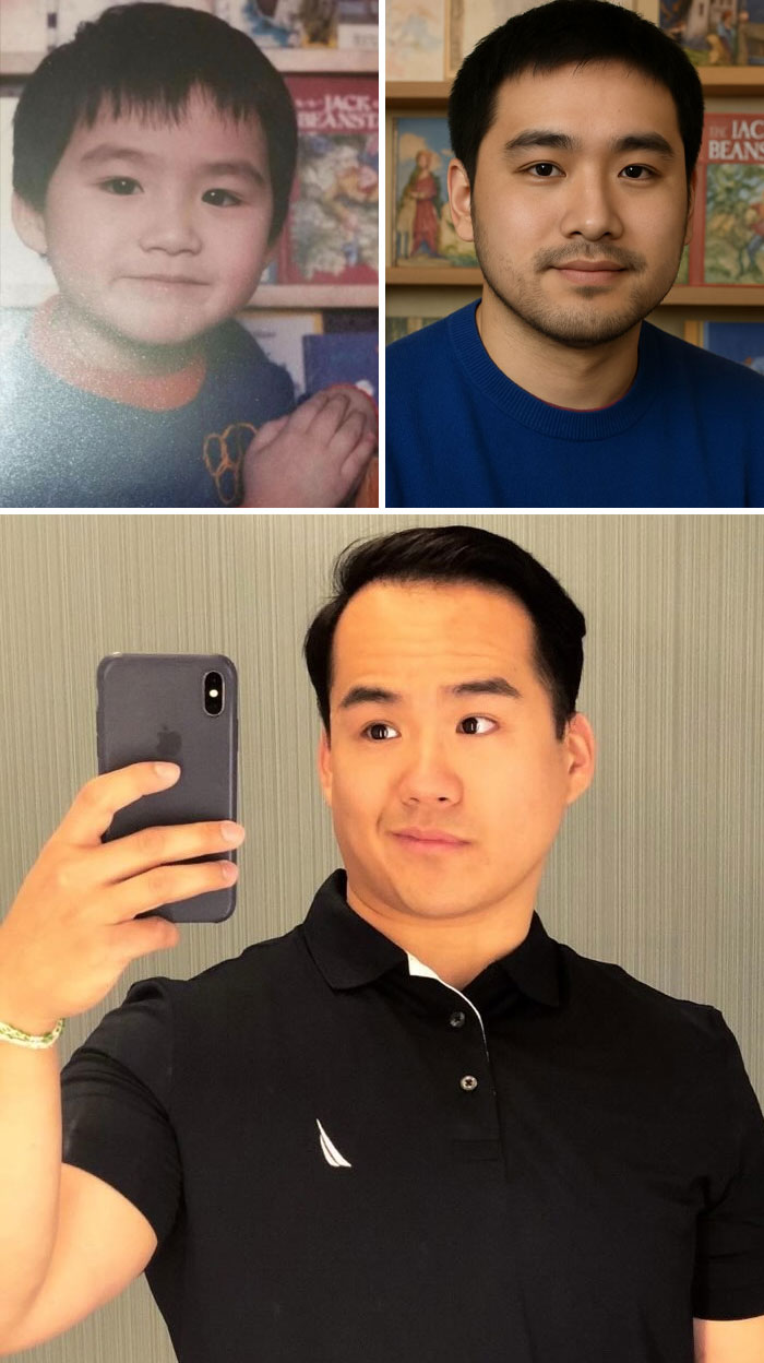 Side-by-side comparison of childhood photos and adult selfies showing age progression using AI prediction.
