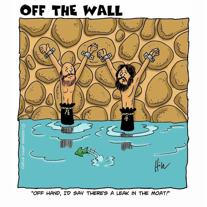 Two cartoon prisoners in a dungeon moat raising their hands, illustrating classic dungeon fails humor.
