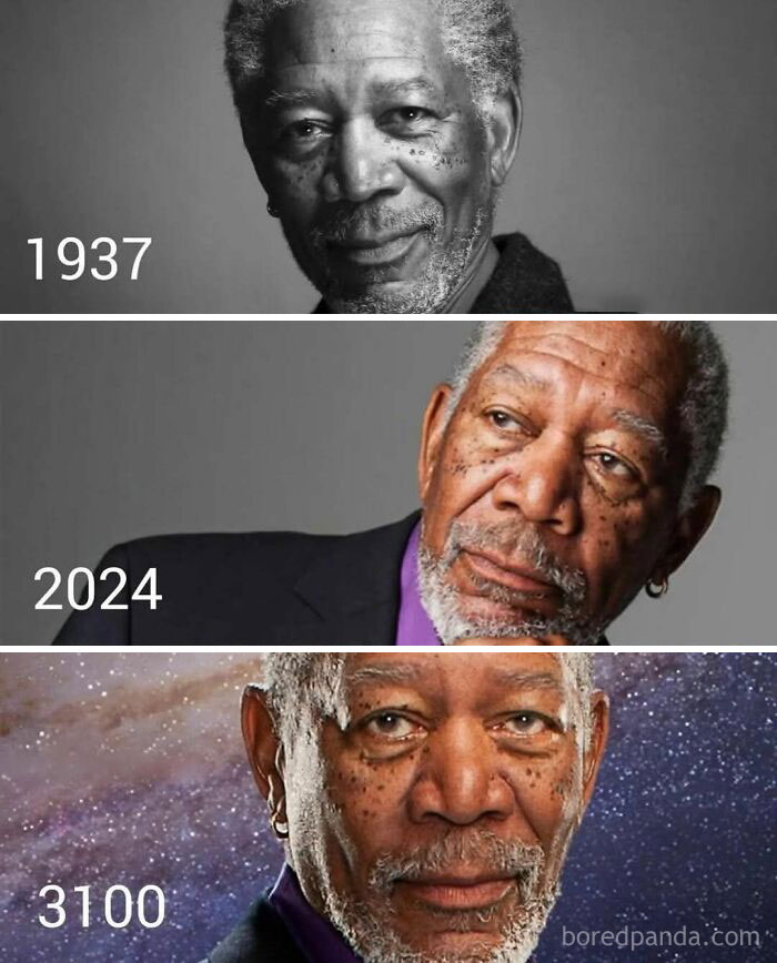 Three images of a man labeled with years 1937, 2024, and 3100 showing funny memes about aging over time.