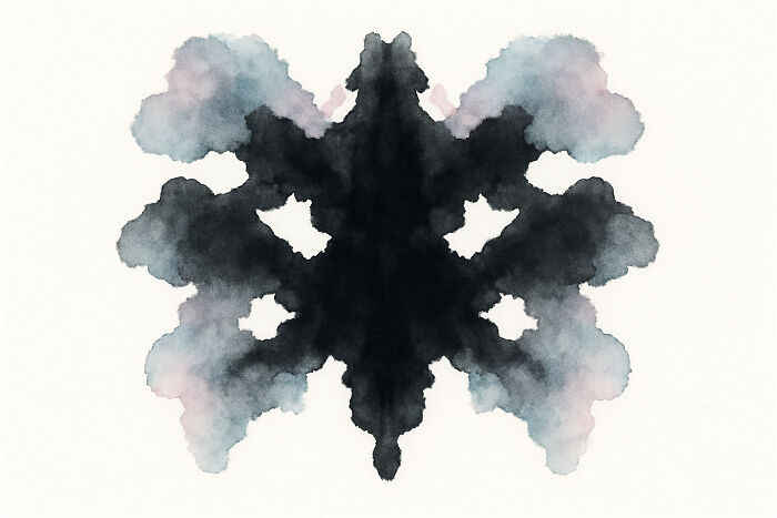 Rorschach inkblot poll showing symmetrical black and gray shapes on a white background for visual perception test.