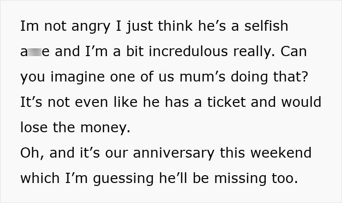 Text excerpt showing a mom expressing disbelief after dad leaves sick daughter in hospital to chase Glastonbury tickets.