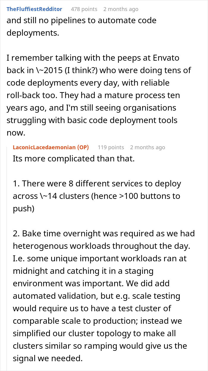 Reddit discussion on complexities of code deployment and employee following unworkable deployment rule strictly.
