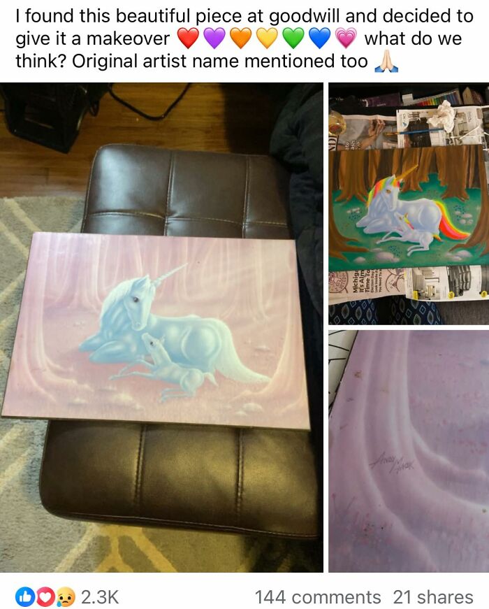 Unicorn painting makeover from goodwill showing DIY craft shaming with a humorous and colorful failed art project.