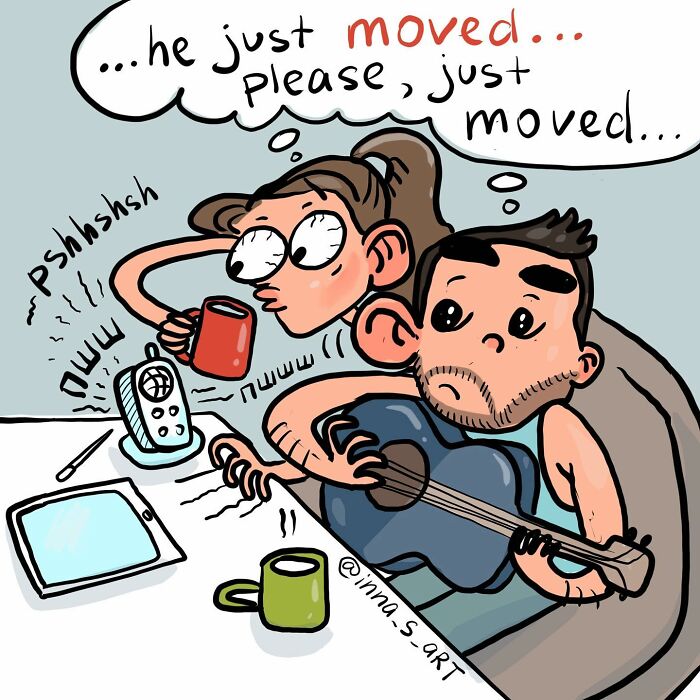 Cartoon of parents with coffee and guitar capturing the chaos of parenthood in viral mom comics artwork.