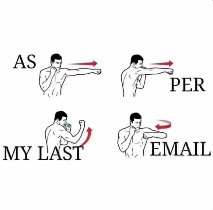 Illustration of a man demonstrating boxing moves with text referencing a funny work meme about emails.