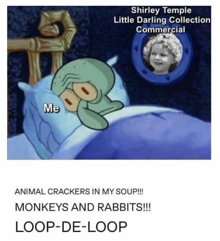 Squidward lying awake in bed, unable to sleep, reflecting on nostalgic Shirley Temple and childhood memories.