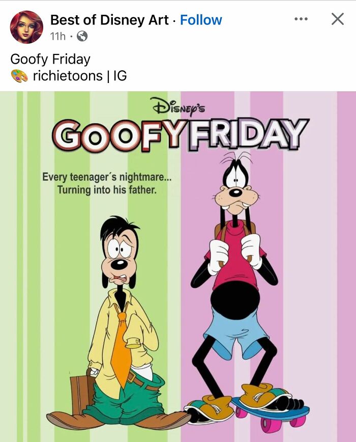 Disney’s Goofy illustration showing teenager and father with text about turning into his father, connecting relatable generations.
