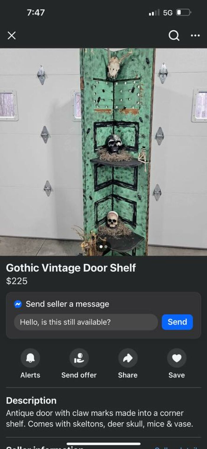 Gothic vintage door shelf DIY project with skulls and deer skull decoration, featured in horrendous DIY projects craft shaming list.