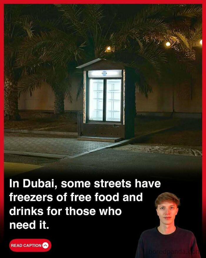 Street freezer offering free food and drinks in Dubai at night, related to GTA made in Scotland fun facts.