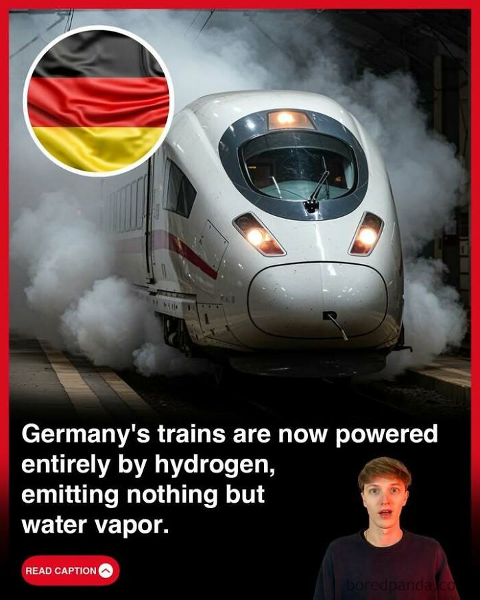 Hydrogen-powered German train emitting water vapor, showcasing eco-friendly transportation technology advancements.
