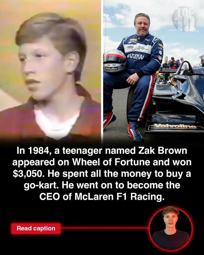 Teenager Zak Brown wins Wheel of Fortune, buys go-kart, and rises to CEO of McLaren F1 Racing in inspiring world story.