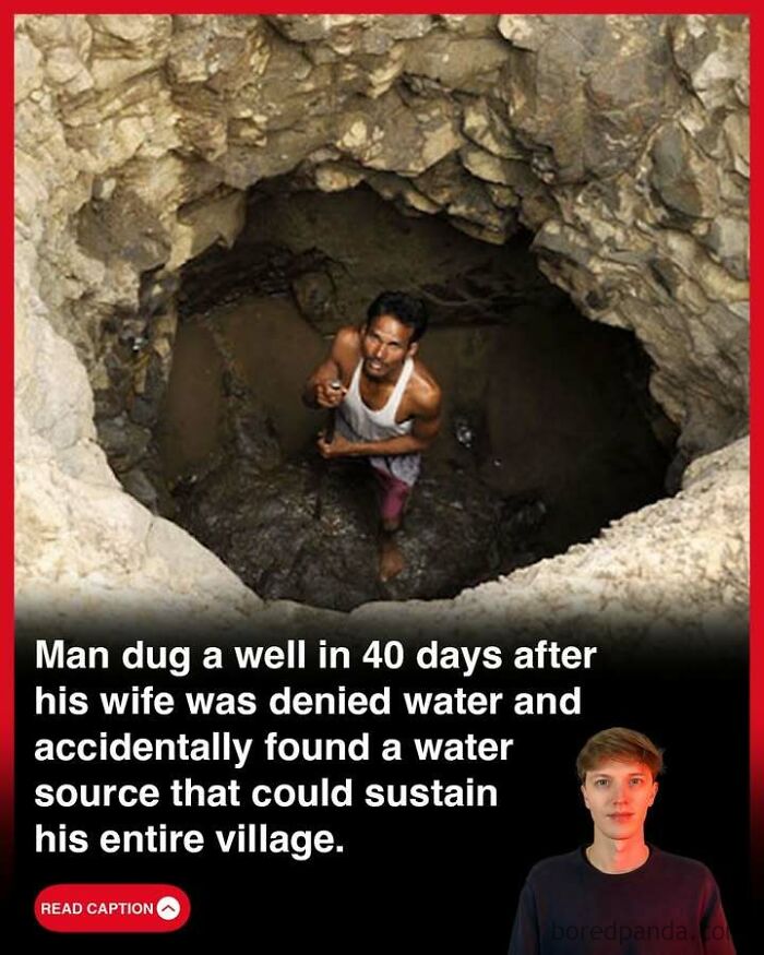 Man digging a well, discovering a water source to sustain his village, highlighting interesting world stories.