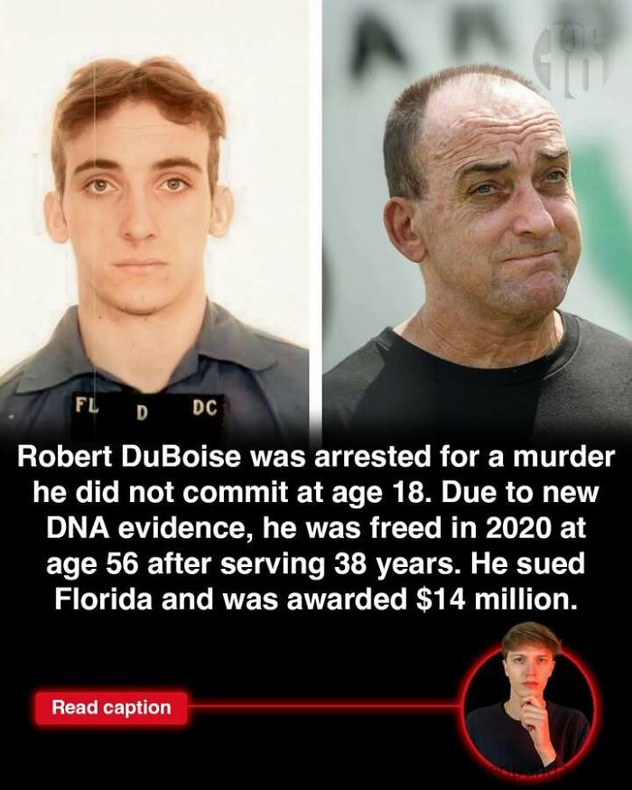 Before and after photos of Robert DuBoise, highlighting facts related to DNA evidence and legal exoneration, in a fun facts context.