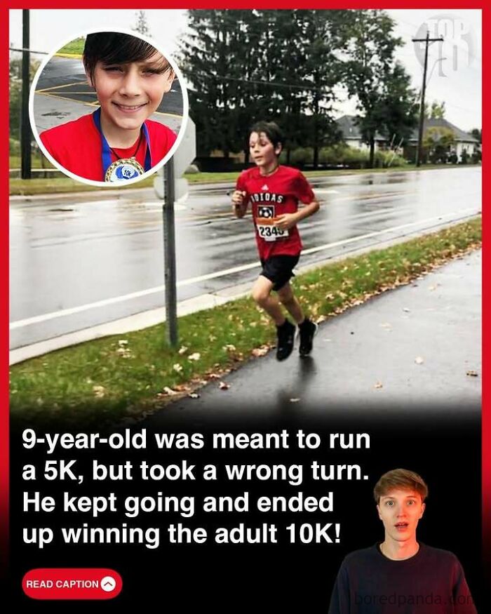Young boy running a 10K race after taking a wrong turn in a story highlighting interesting world events.