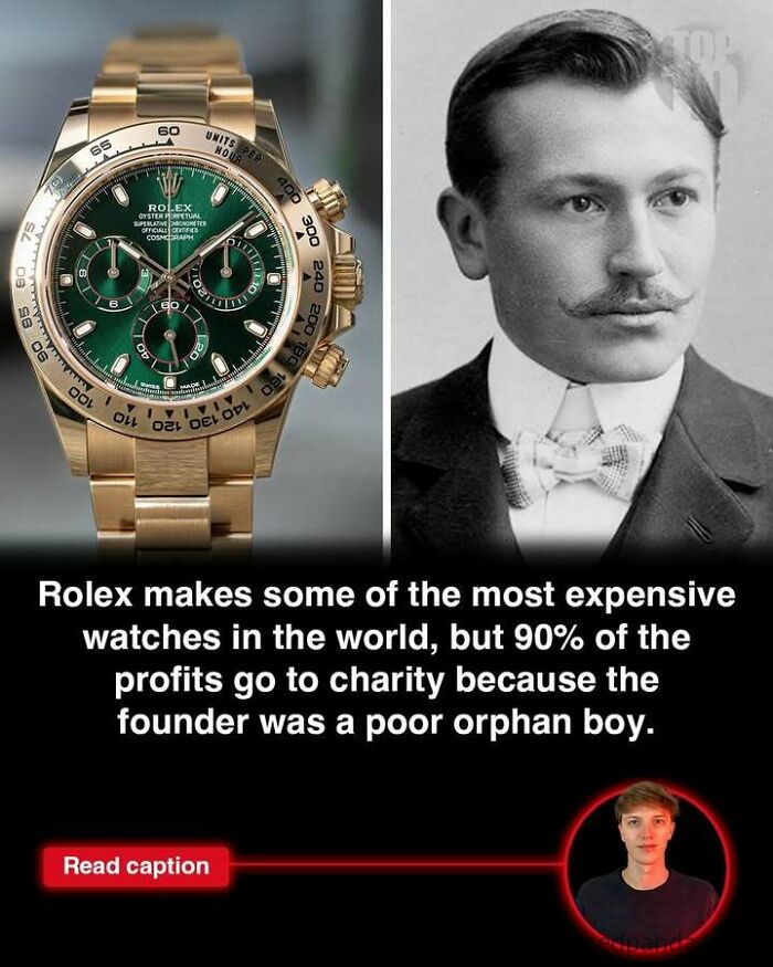 Rolex gold watch with green dial and black and white photo of founder, highlighting interesting global stories and facts.