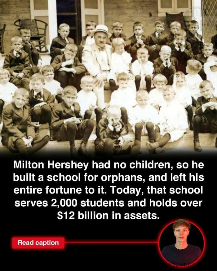 Vintage photo of Milton Hershey with orphans, highlighting interesting stories about schools and fortune in the world today.