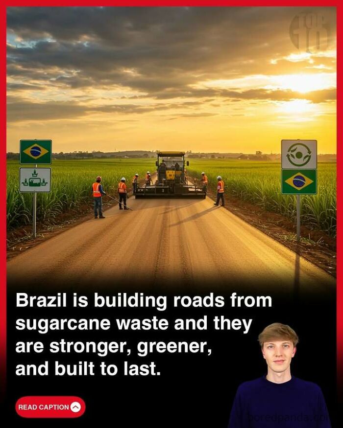 Workers paving roads in Brazil using sugarcane waste, showcasing sustainable and strong green infrastructure development.