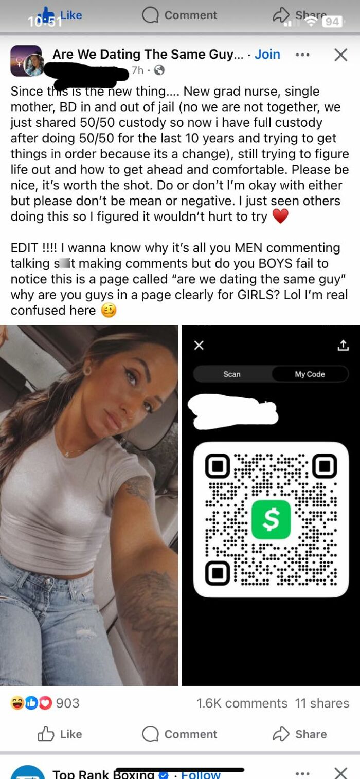 Single mom selfie in car with Cash App QR code, featured in entitled single moms who no longer pay for anything post.