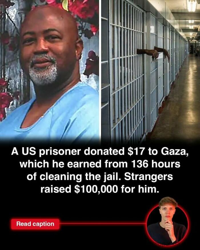 Man in light blue prison uniform next to jail cells with arms extended, relating to interesting world stories and prisoner donation.