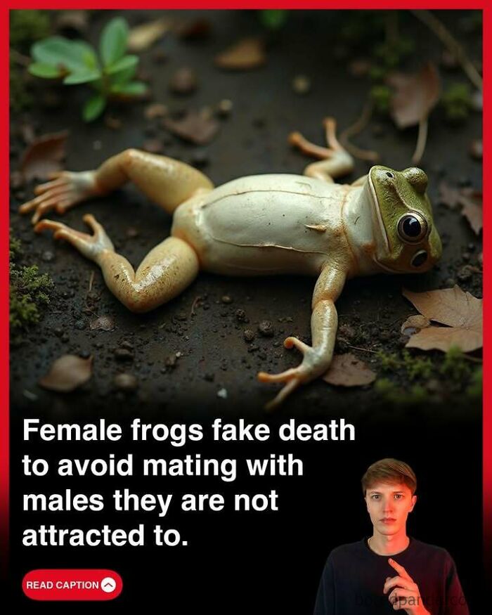 Frog lying on the ground illustrating a fun fact about female frogs faking death to avoid unwanted mating in nature.