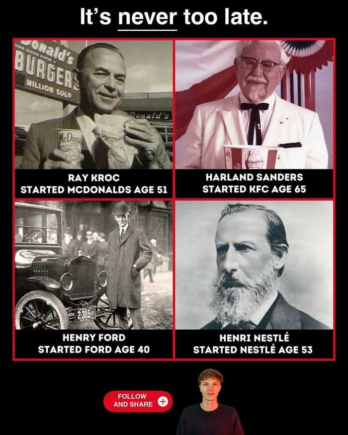 Images of entrepreneurs Ray Kroc, Harland Sanders, Henry Ford, and Henri Nestlé with ages they started their famous brands, highlighting success stories.