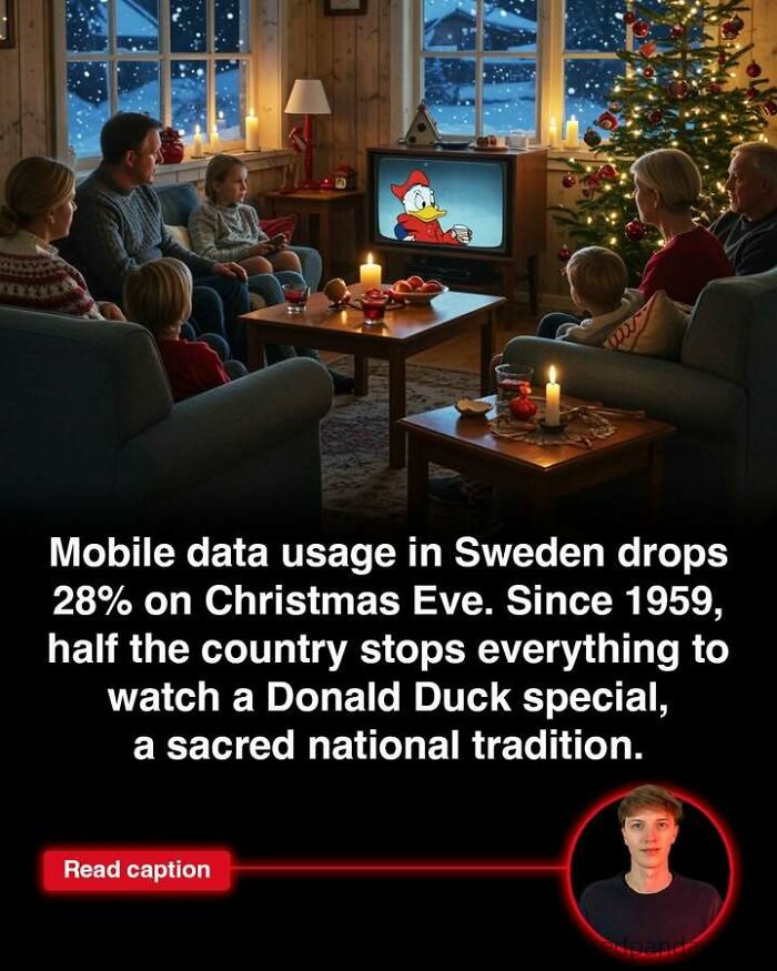 Family watching Donald Duck special on TV by a Christmas tree in cozy living room, highlighting interesting world stories.