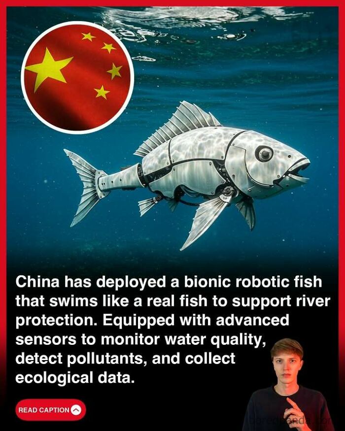 Bionic robotic fish deployed in China with sensors to monitor water quality and collect ecological data for river protection.