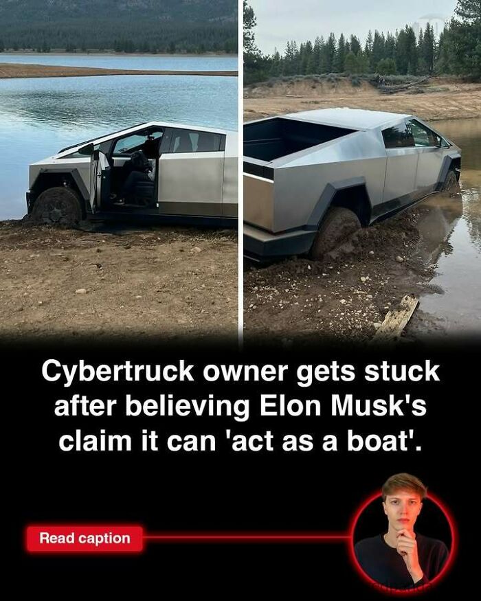 Cybertruck stuck off-road near water, illustrating interesting stories about technology and current world events.