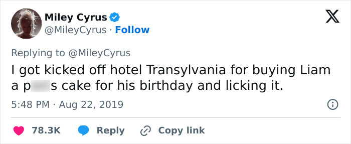 Screenshot of Miley Cyrus's tweet discussing being fired related to a cake shaped like male genitalia for a kids movie.