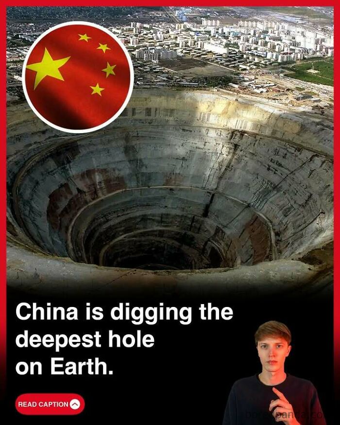 Deepest hole on Earth being dug by China, with an aerial view of the excavation site and a person pointing in front.