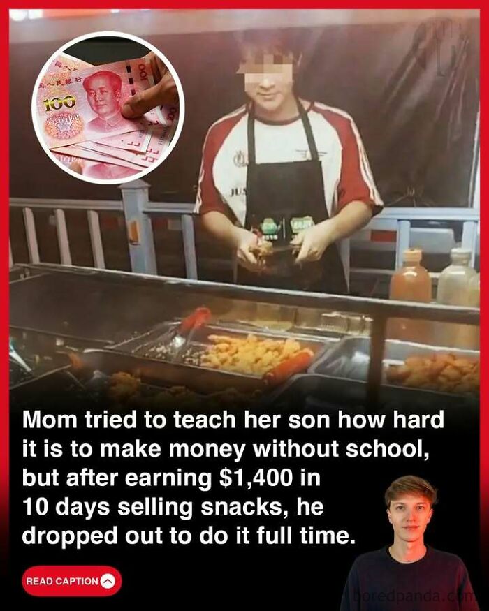 Young man selling snacks at a food stall, illustrating interesting things happening in the world about making money without school.