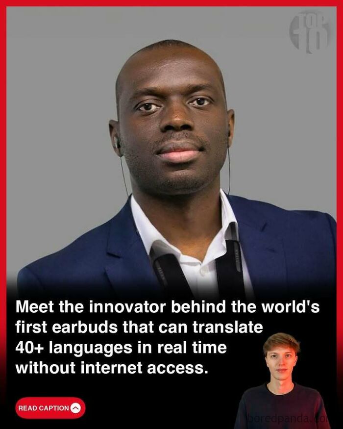 Man in suit presenting innovative earbuds that translate 40+ languages in real time without internet access.