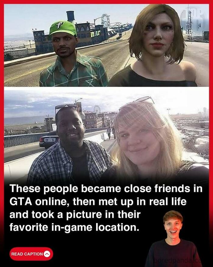 Two friends who met in GTA online meet in real life and take a photo at their favorite in-game location.