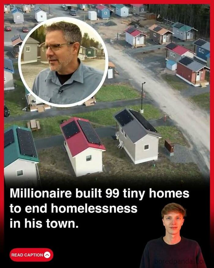 Aerial view of tiny homes built to end homelessness, highlighting interesting stories happening in the world today.