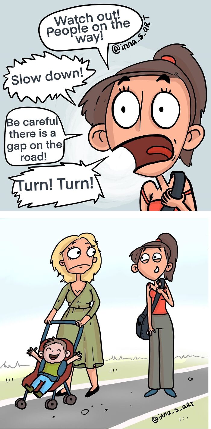 Comic artist captures chaotic moments of parenthood with funny mom and child cartoons in a colorful outdoor scene.