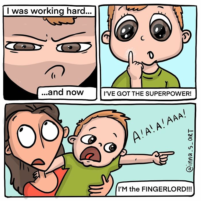 Comic panel showing a tired parent and child humorously capturing parenthood chaos with viral mom comics and unseen gems.